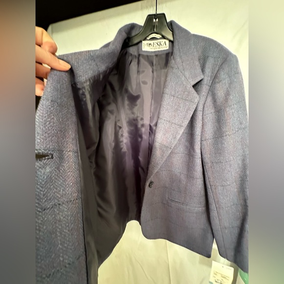 eska internationale women’s gray 100% wool check Lined blazer jacket size 14 - Picture 4 of 13